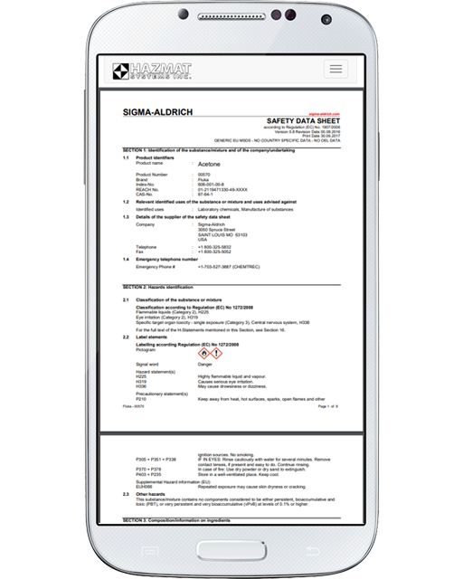Either online or on the mobile interface, quickly access the manufacturer's SDS in PDF format